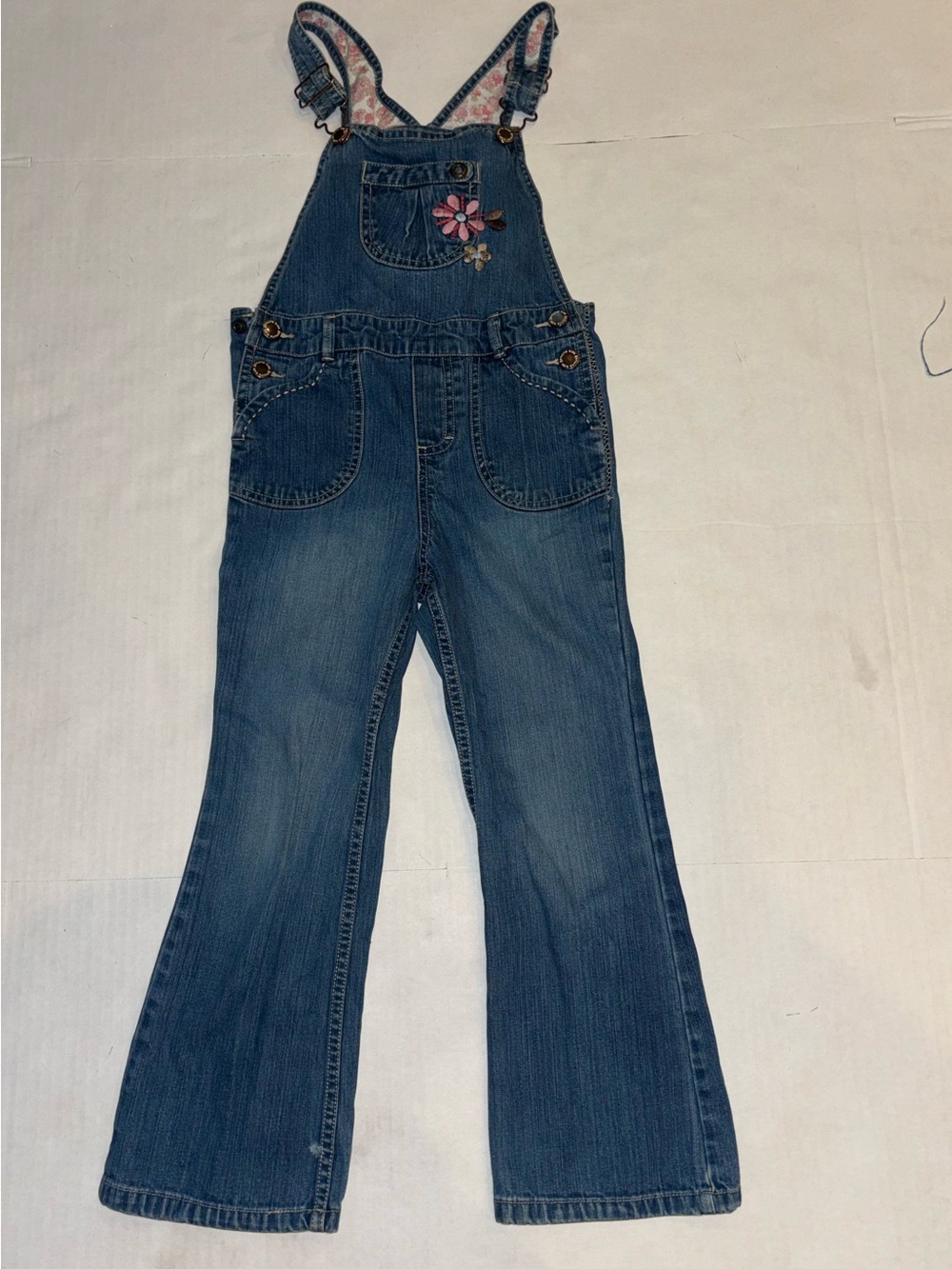 Girls Denim Overalls with Pink Flower Embroidery - Kids